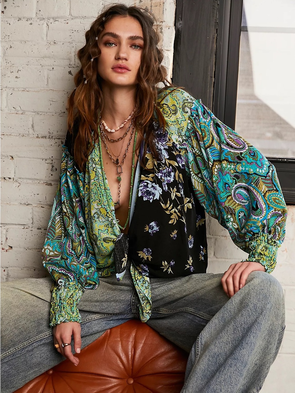 FREE PEOPLE Bohemian Mixed-Print Turquoise Floral Tie-Front Gemini Blouse SMALL